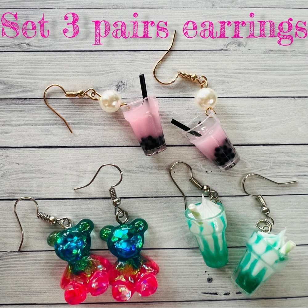 NEW WOMENS EARRINGS HAND MADE , TODDLER MILK ,ICE CREAM & Bear SET 3 PAIRS